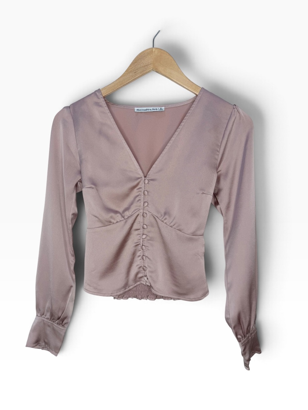 Abercrombie & Fitch Dusty Rose Satin V-Neck Ruched Button Top